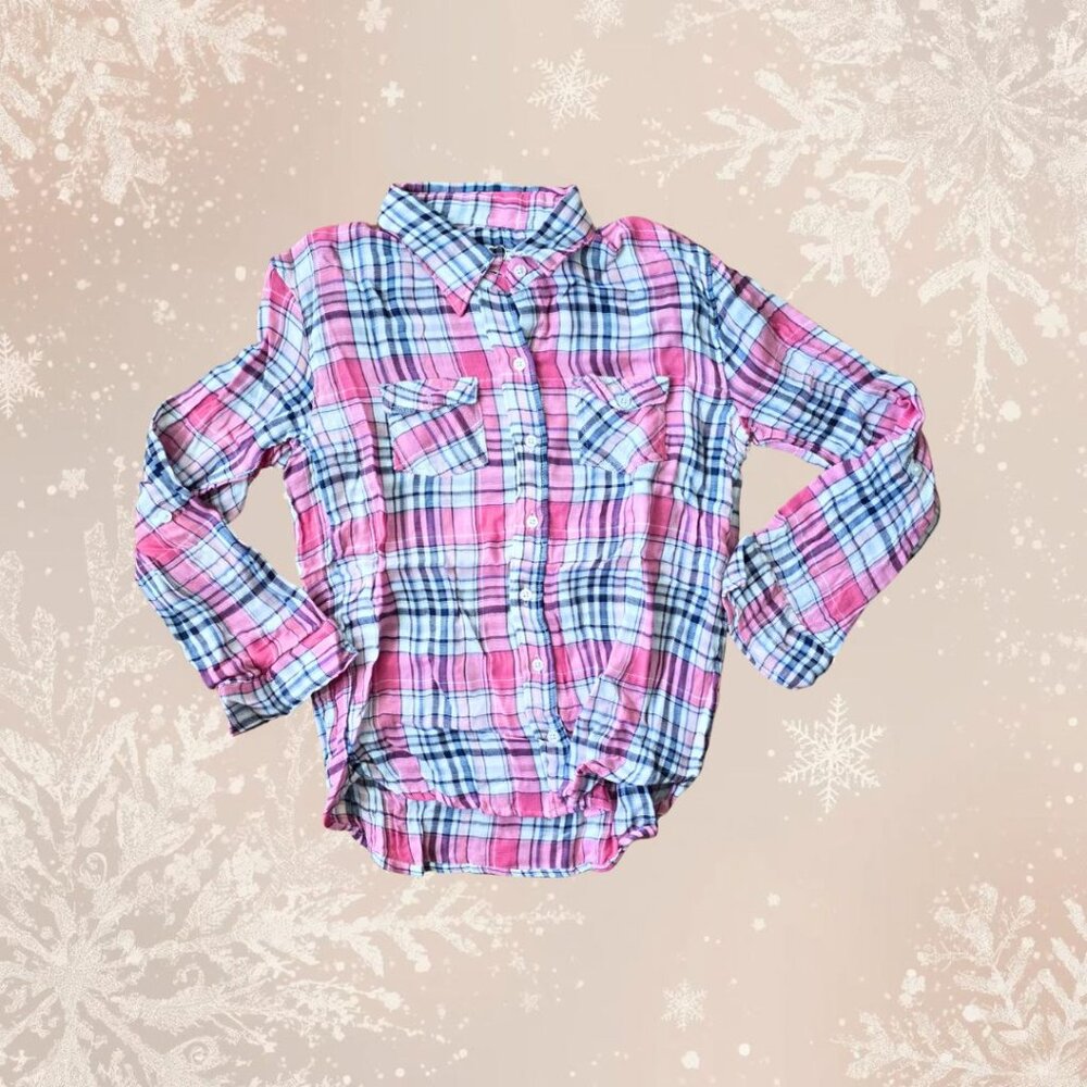 So Nikki Youth Large Plaid Button-Up – Pink & Blue Winter Flannel